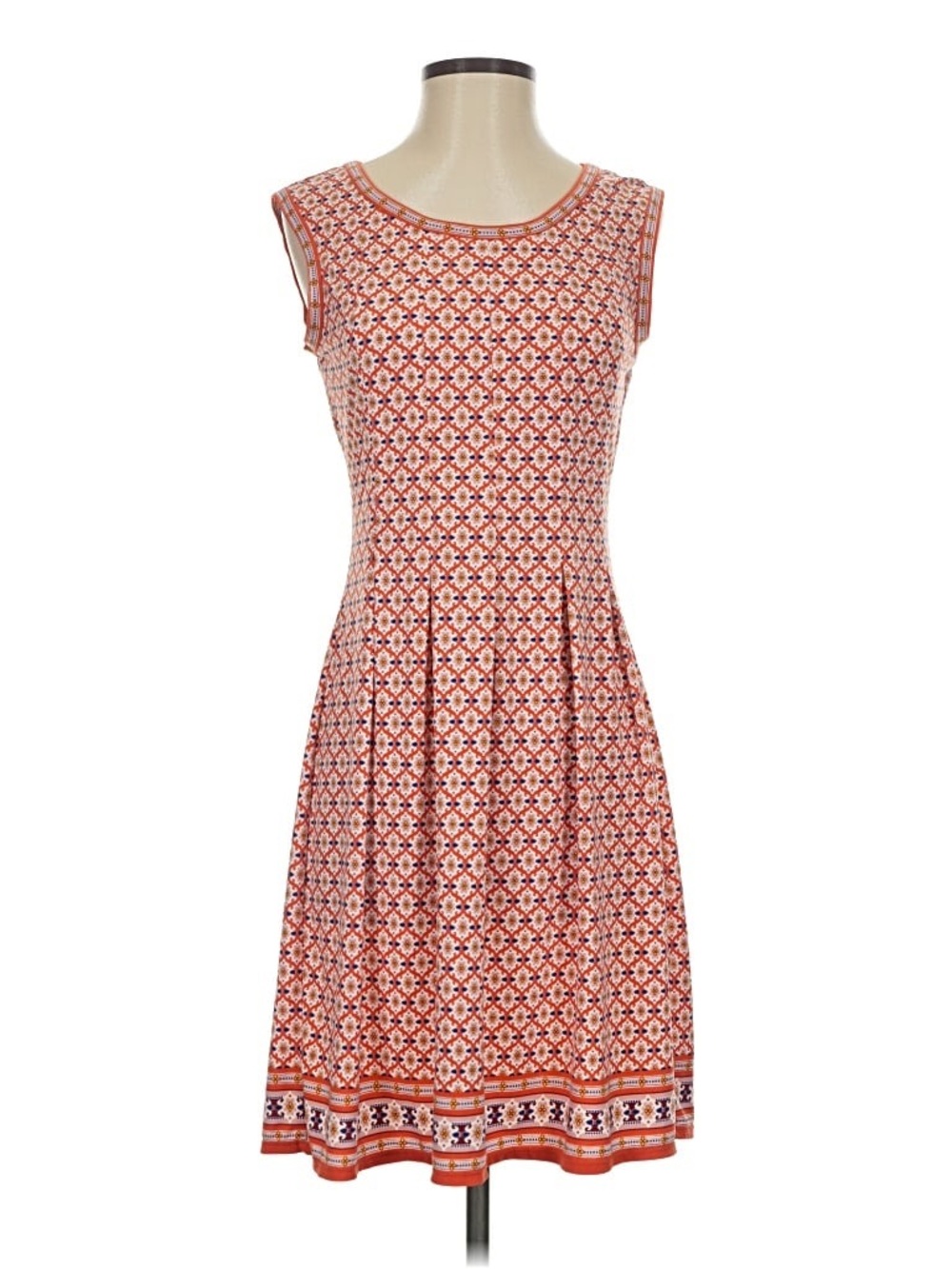 Max Studio Geometric Print Fit & Flare Midi Dress Boho Red White XS